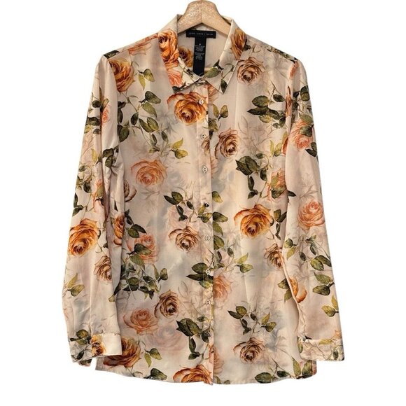 Joan Vass Nude Sheer Floral Rose Print Button Up Blouse‎ - Picture 1 of 6